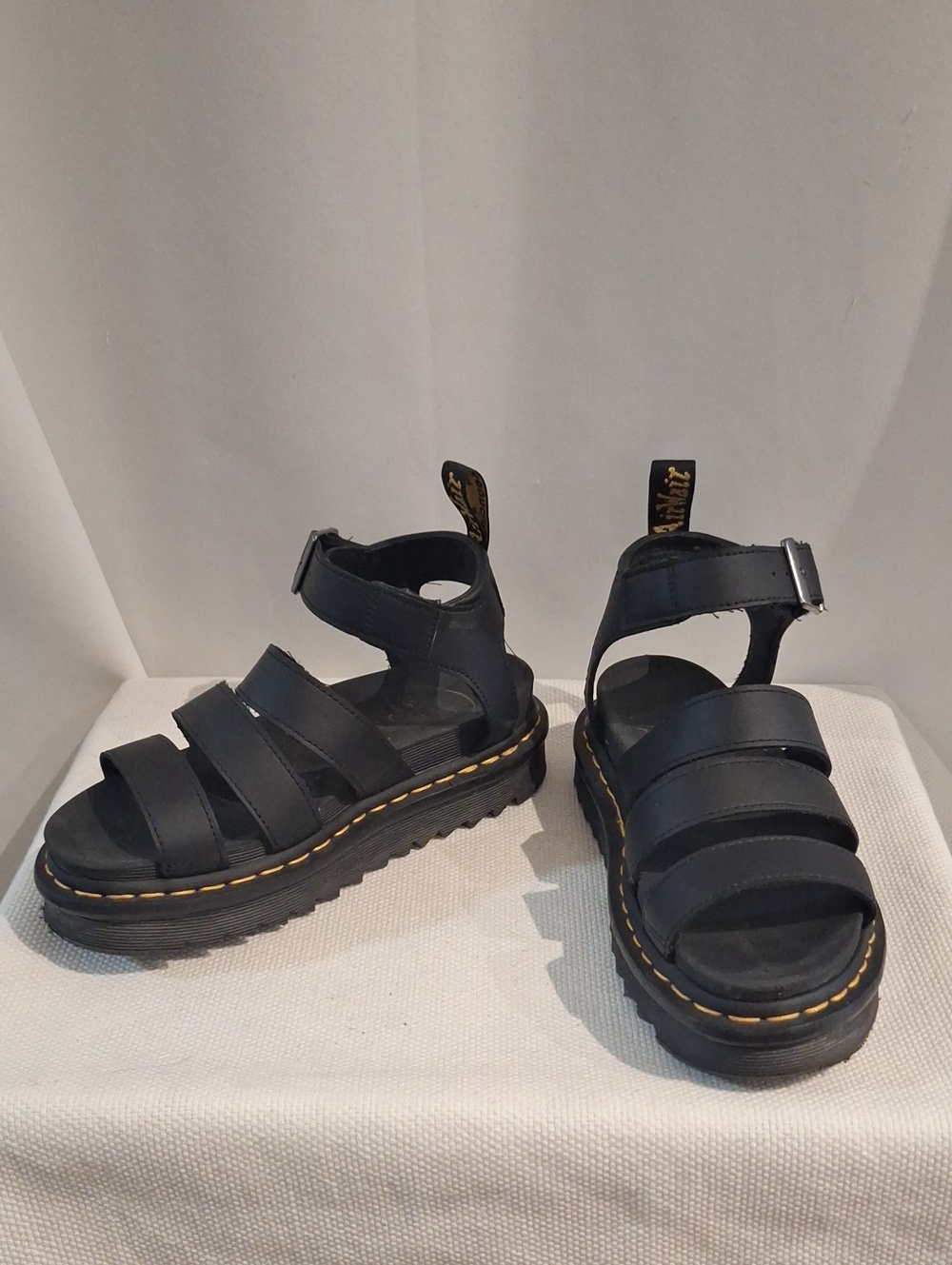 Dr. Martens Blair Black Leather Platform Strappy Sandals with Yellow Stitching